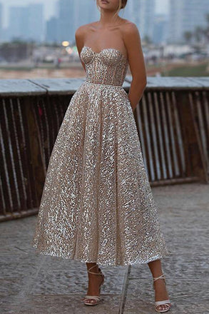 A Line Sequined Sweetheart Ankle Length Prom Dress Graduation Dress DMP164