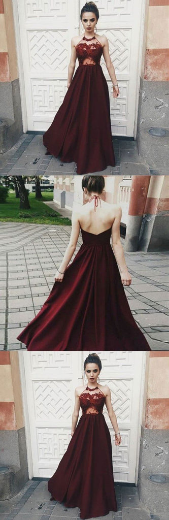 Sexy Halter Dark Burgundy Long Sleeveless Prom Dresses with Appliques DM733