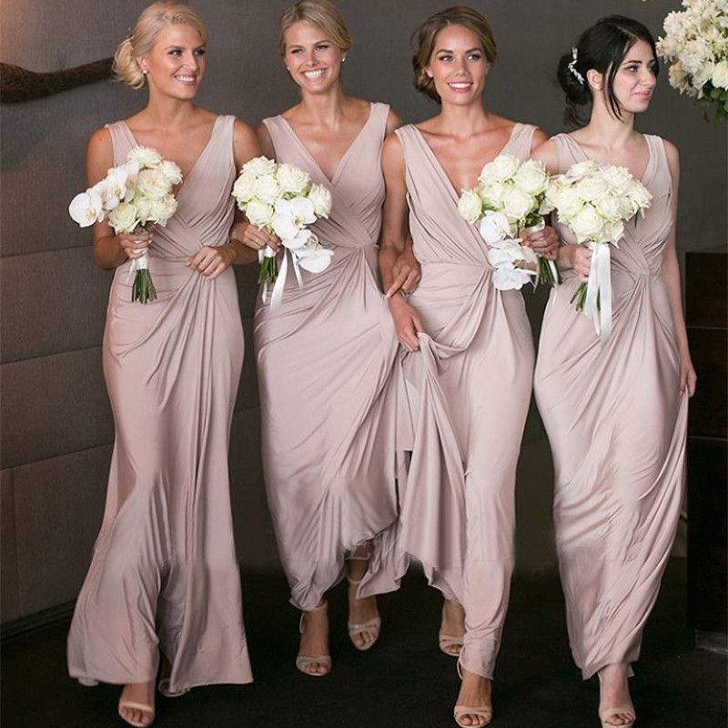 Elegant V-neck Sheath Pink Bridesmaid Dresses Long Party Dress for Maid of Honor DM1834