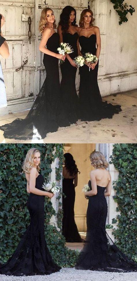 Mermaid Style Sweetheart Sweep Train Black Long Bridesmaid Dress with Lace DM449