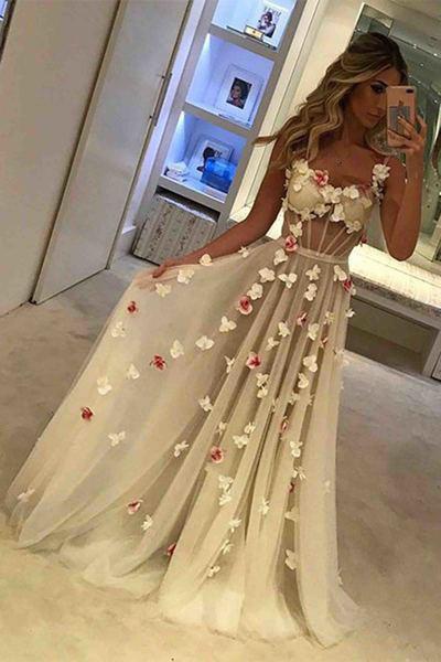 A-line Formal Prom Dress,Sexy Sleeveless Straps Evening Gowns with Flowers DME80