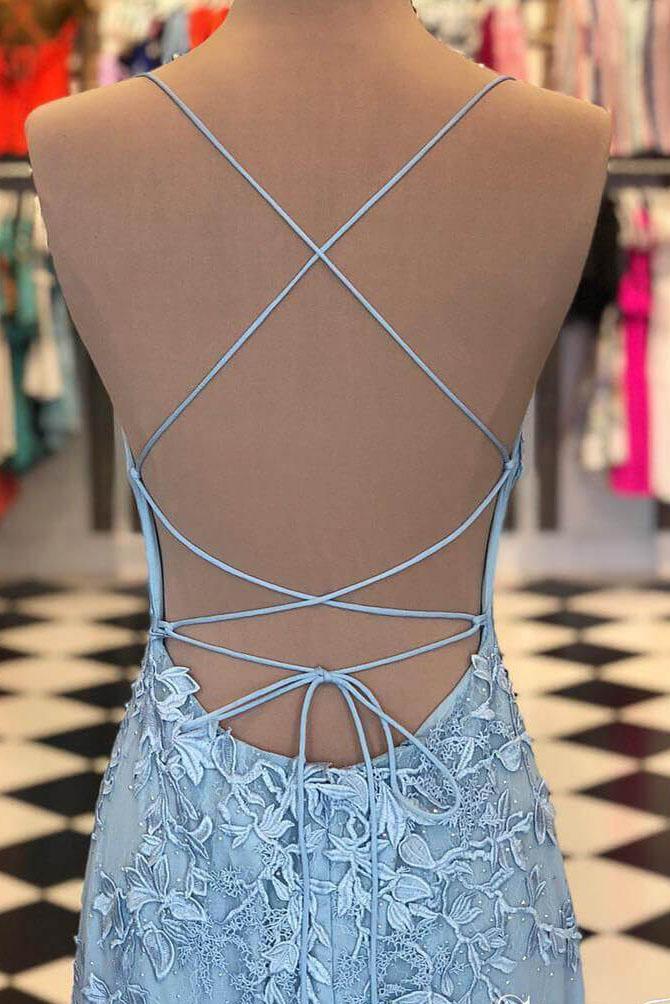Blue Lace Applique Mermaid Sexy Cheap Long Prom Dress DME39