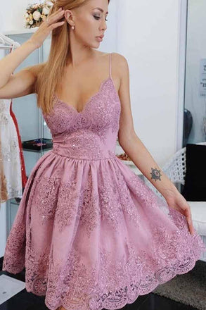 Spaghetti Strap Short A Line Homecoming Dresses with Lace Appliqes DMM39