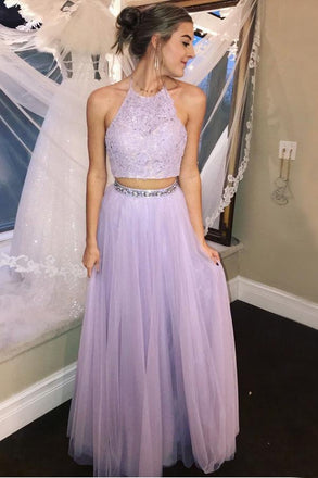 Two Piece Halter Backless Tulle Lavender Prom Dress with Lace Beading DMI75