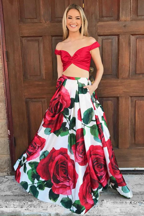 red dress with roses at the bottom Two Piece Off-the-Shoulder Floor-Length Red Floral Prom Dress with Pockets OKI96 – Demodresses