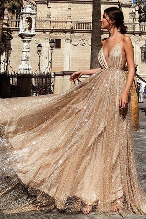 Charming A Line V Neck Spaghetti Straps Sequin Long Prom Dress DME44