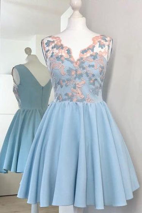 Cute V-Neck A Line Light Blue Short Homecoming Dress with Appliques DMD44
