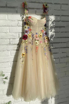 Colorful Pattern Appliques Formal Party Dresses 3D Flowers Straps Prom Dress DM1975