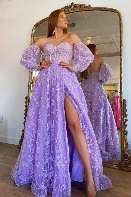 Sweetheart Lilac Long Evening Party Dress Embroidered Butterfly Detachable Sleeves Lavender Prom Dresses DM1977