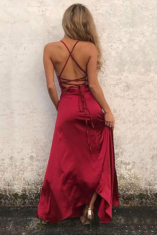 Red A-Line Spaghetti Straps Sleeveless Floor-Length Sexy Slit Prom Dresses DMD94