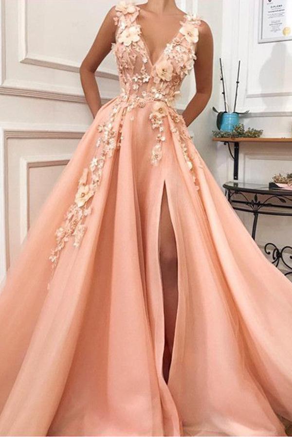 Charming V neck Long Prom Dress,Tulle Evening Party Dress with Flower DMH55