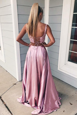 Two Piece Square A Line Pink Split Long Prom Dress with Lace Pockets DMI72
