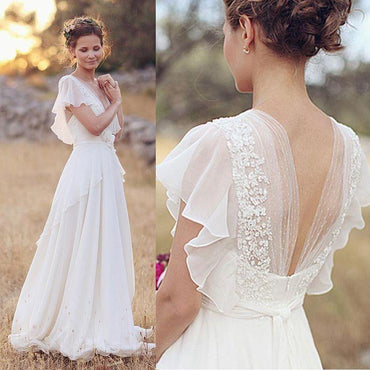 Charming A-Line Ivory  V-Neck Chiffon Wedding Dresses,Cheap Bridal Dress DMJ5