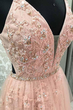 Blush V Neck Prom Dress with Straps, Long Prom Gown with Appliques DMJ49