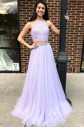 Two Piece Halter Backless Tulle Lavender Prom Dress with Lace Beading DMI75