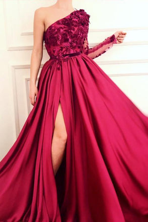 Burgundy A Line Applique Long Sleeve One Shoulder Prom Dresses With Slit DMH61