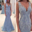 Elegant Lace Blue Long Mermaid Prom Dress, Charming Evening Party Gown DM138