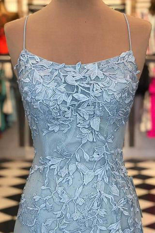 Blue Lace Applique Mermaid Sexy Cheap Long Prom Dress DME39