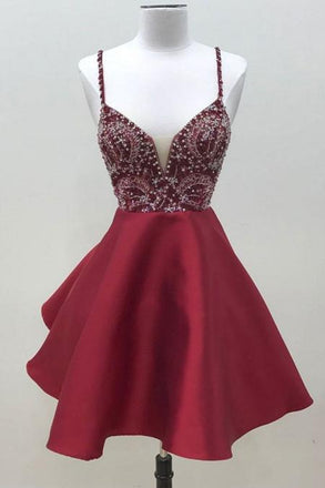 Spaghetti Straps Dark Red Short Prom Dress Homecoming Dress DMO59