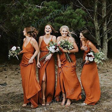 Charming Chiffon V-neck Spaghetti Straps Orange Split Long Bridesmaid Dress DMG58