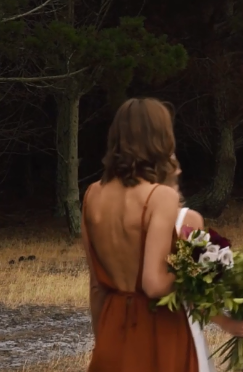 Charming Chiffon V-neck Spaghetti Straps Orange Split Long Bridesmaid Dress DMG58