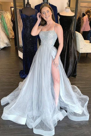 Gray Tulle Long Prom Dress With S;it Beaded A Line Formal Evening Dresses DMP086