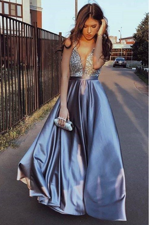 Sexy Blue V-Neck Beaded A Line Prom Dress Formal Evening Dress DMF95