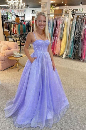 Lavender A Line Spaghetti Straps Long Prom Dresses, Formal Evening Dresses DM1823