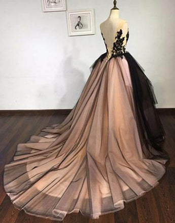 Black Lace V Neck A-line Formal Prom Dress, Long Ball Gown Evening Dresses DMG34