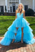 Blue A Line Tulle Long High Low Prom Dress Formal Evening Dress DM2012