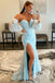 Gorgeous Light Blue Lace Mermaid Prom Dresses,Bubble Sleeves Split Evening Dresses DMP245