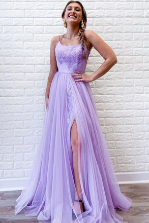 A-Line Lavender Tulle Spaghetti Straps Appliques Long Prom Dresses with Slit DMP110