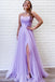 A-Line Lavender Tulle Spaghetti Straps Appliques Long Prom Dresses with Slit DMP110