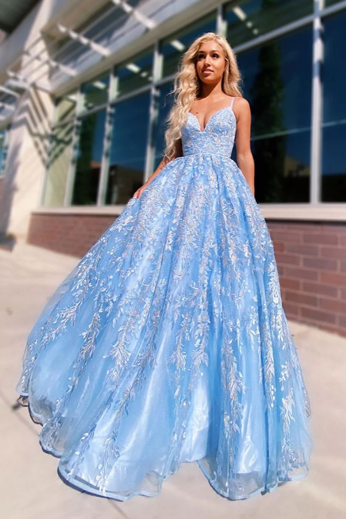 Cheap Lace Sky Blue A Line Spaghetti Straps Long Prom Dress with Appliques DM1017
