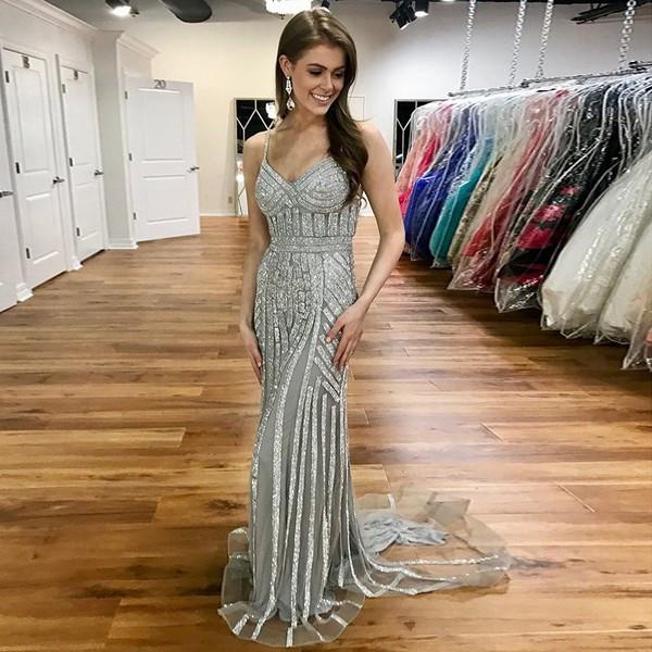 Silver Beaded Long Spaghetti Straps Mermaid Prom Dresses DME56