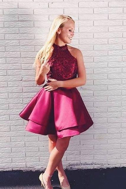 Two Piece A Line Burgundy Lace Top Homecoming Dresses DMD26