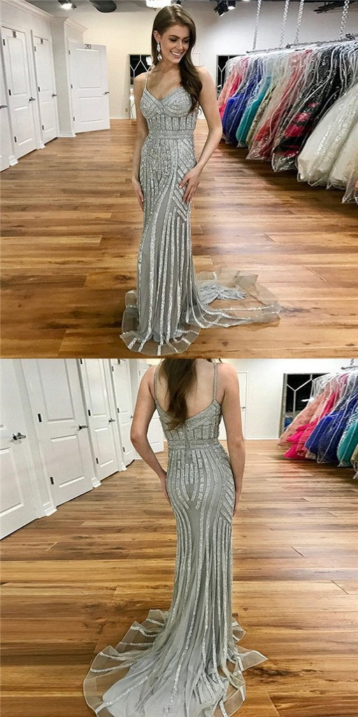 Silver Beaded Long Spaghetti Straps Mermaid Prom Dresses DME56