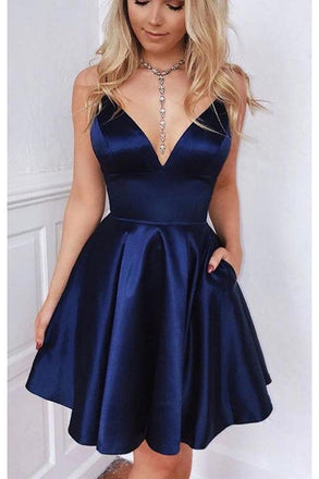 Cute Dark Blue Short A Line Satin Homecoming Dresses With Pocket Short Prom Dress DM1015