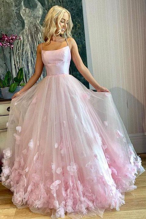 Light Pink Spaghetti Straps Long Prom Dresses, 3D Flowers Evening Dresses OKQ85 Demodresses Light Pink Spaghetti Straps Long Prom Dresses, 3D Flowers Evening Dresses OKQ85 Demodresses