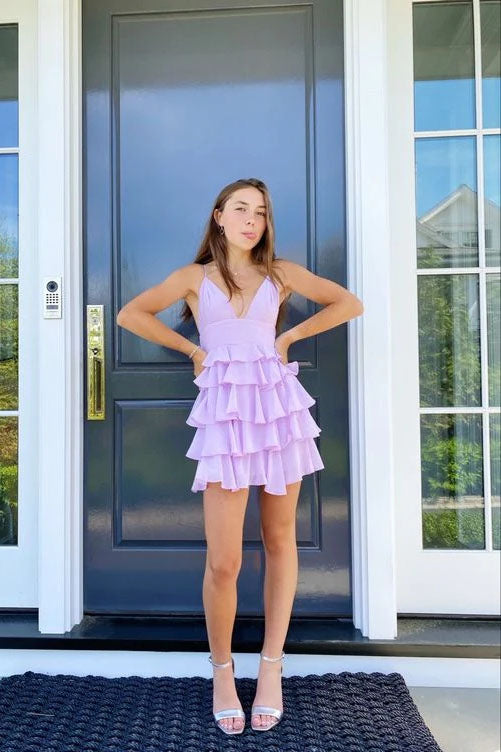 A-line V Neck Light Lavender Short Homecoming Dress Layered Cute Graduation Dress DM1850