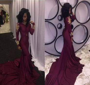 Mermaid Long Burgundy Long Sleeves Prom Dress with Appliques DMF74
