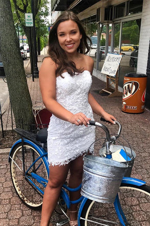 Sheath Strapless Short Sky Blue Lace Homecoming Dress Fashion Graduation Dresses DMHD32