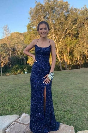 Navy Blue Sequin Long Prom Dresses Mermaid Cross Back Evening Party Dresses DM1939