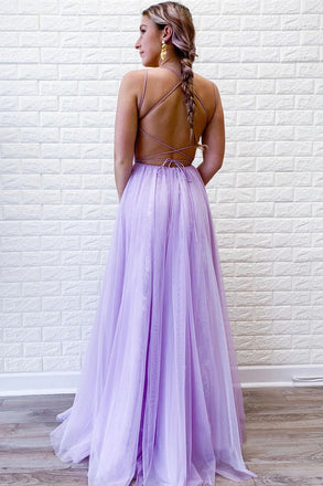 A-Line Lavender Tulle Spaghetti Straps Appliques Long Prom Dresses with Slit DMP110