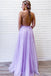 A-Line Lavender Tulle Spaghetti Straps Appliques Long Prom Dresses with Slit DMP110