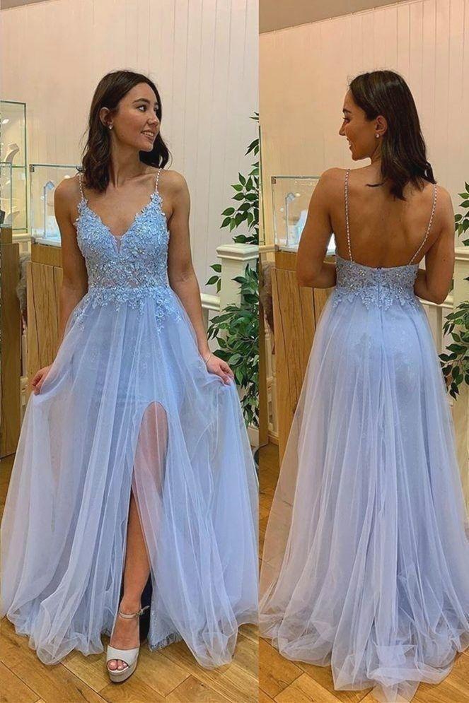 A Line Spaghetti Straps Light Blue Appliques Long Tulle Prom Dress With Slit DM1018