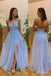 A Line Spaghetti Straps Light Blue Appliques Long Tulle Prom Dress With Slit DM1018