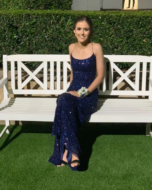Navy Blue Sequin Long Prom Dresses Mermaid Cross Back Evening Party Dresses DM1939