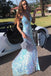 Simple V Neck Light Blue Sequin Mermaid Long Prom Dresses DM1938
