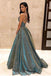 Charming V Neck Sparkly Long Prom Dresses with Pockets, Cross Back Evening Dresses DMQ87